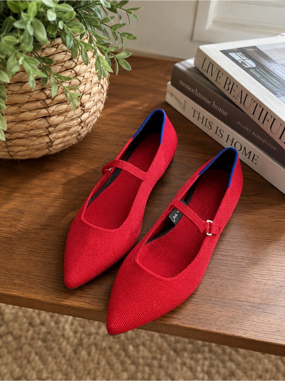 Rothy's Red Pointed Mary Jane Flats with Blue Trim